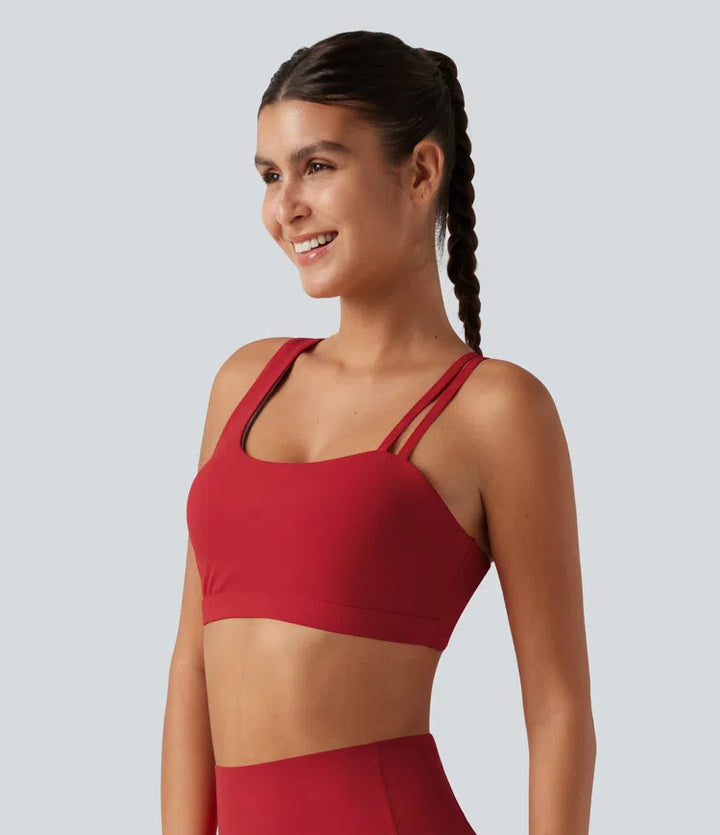 Halara UltraSculpt Ribbed Low Support Asymmetric Cut Out Built-in Bra Running Sports Bra