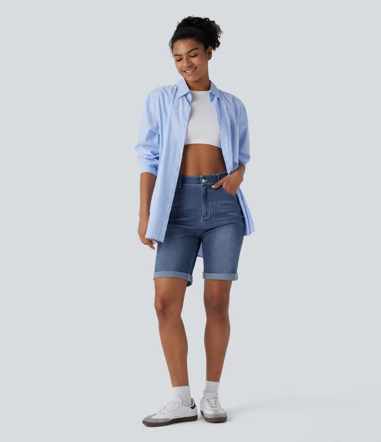 Halara Flex High Waisted Pockets Rolled Hem Washed Denim Casual Bermuda Shorts