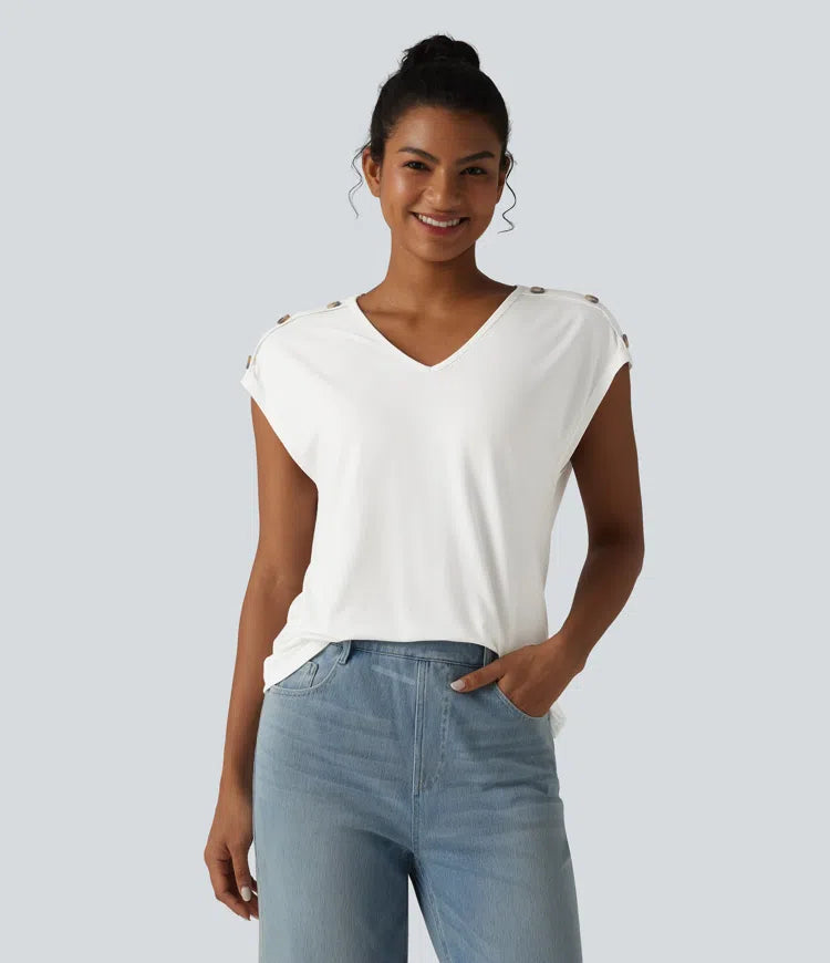 V Neck Decorative Button Cap Sleeve Relaxed Casual T-Shirt
