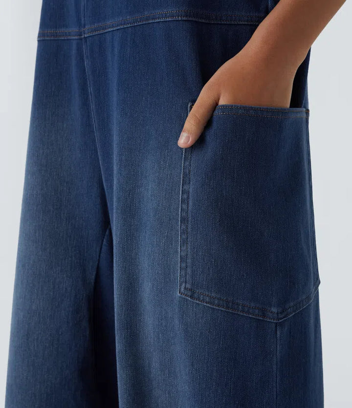 Halara Flex V Neck Pocket Washed Denim Casual Overalls