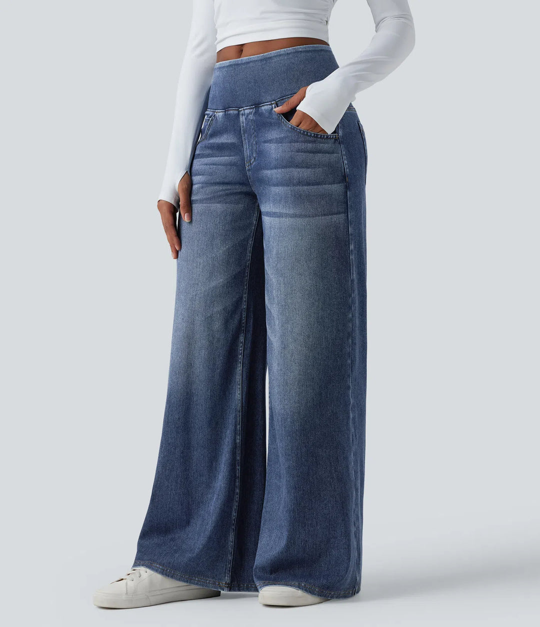 Halara Flex Mid Rise Draped Lyocell Washed Casual Baggy Wide Leg Jeans with Pockets