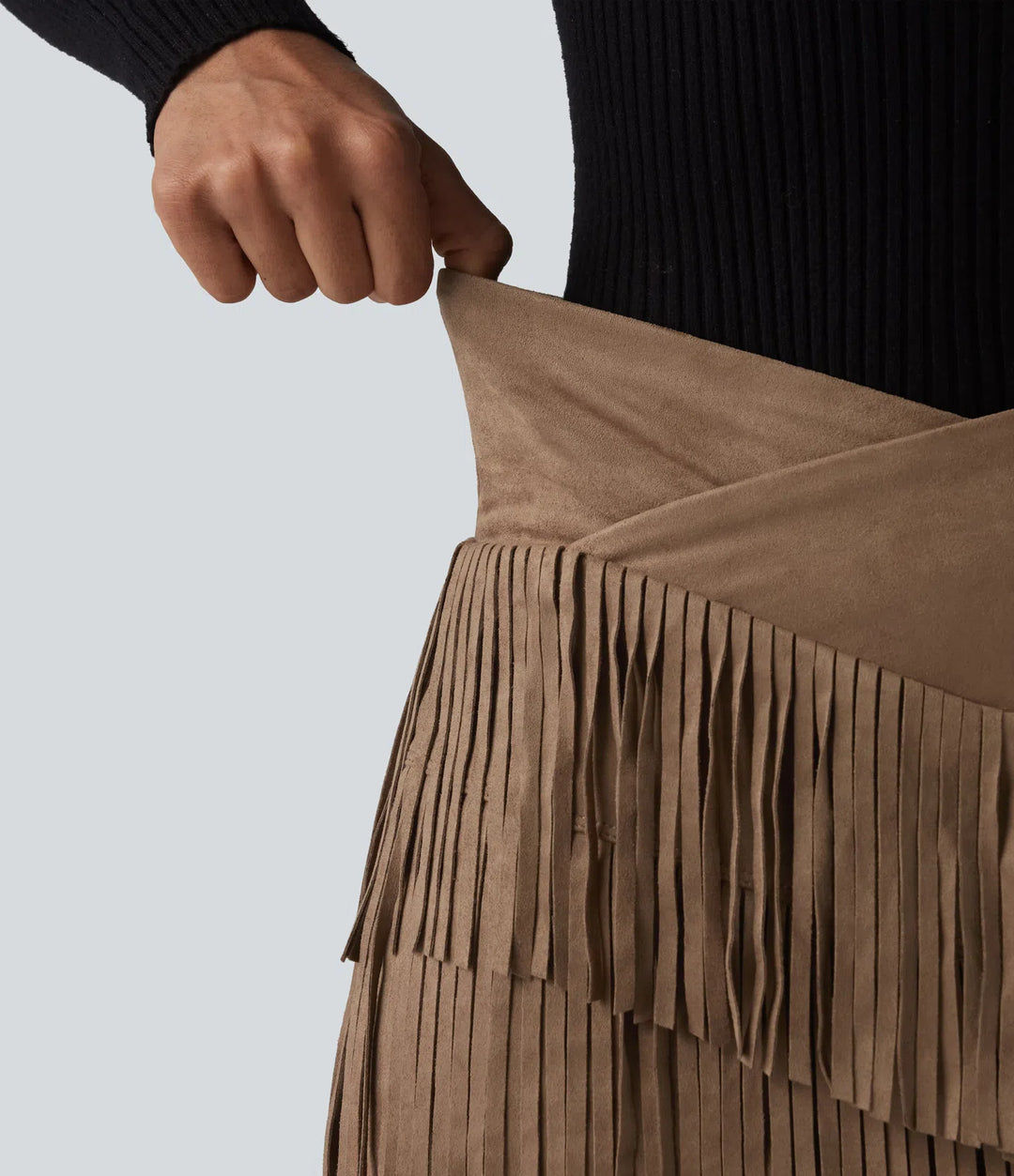 Crossover High Waisted 2-in-1 Fringe Hem Bodycon Mini Suede Party Skirt