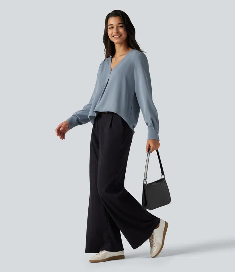 Wrinkle Recovery V Neck Long Sleeve Work Blouse