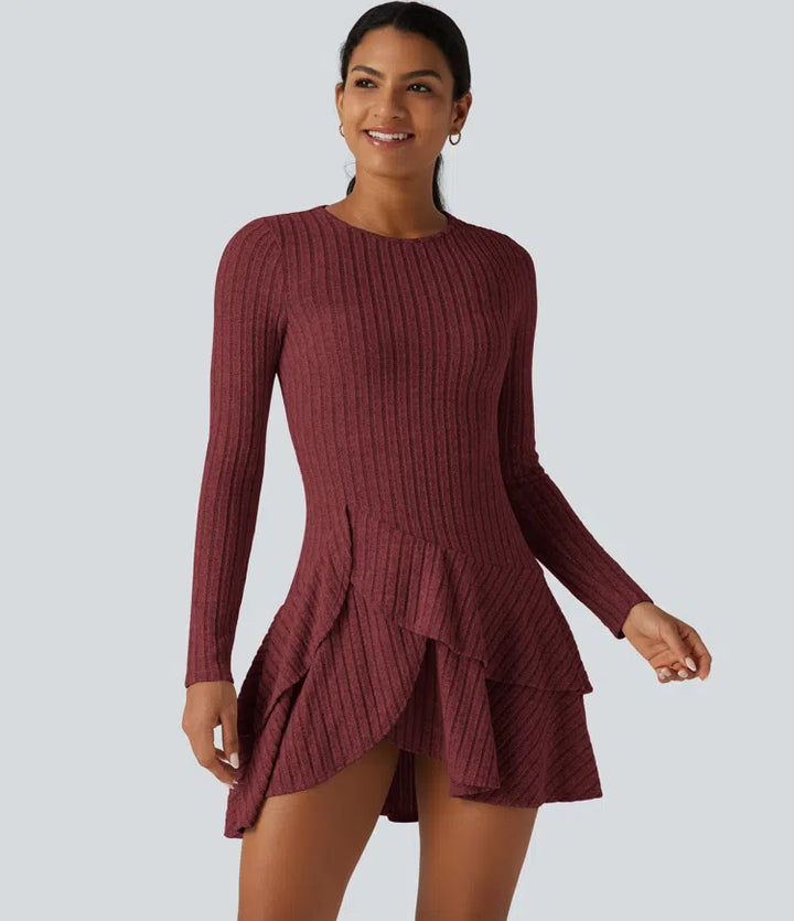 Ribbed Knit Round Neck Long Sleeve Layered Ruffle Hem Mini Casual Dress