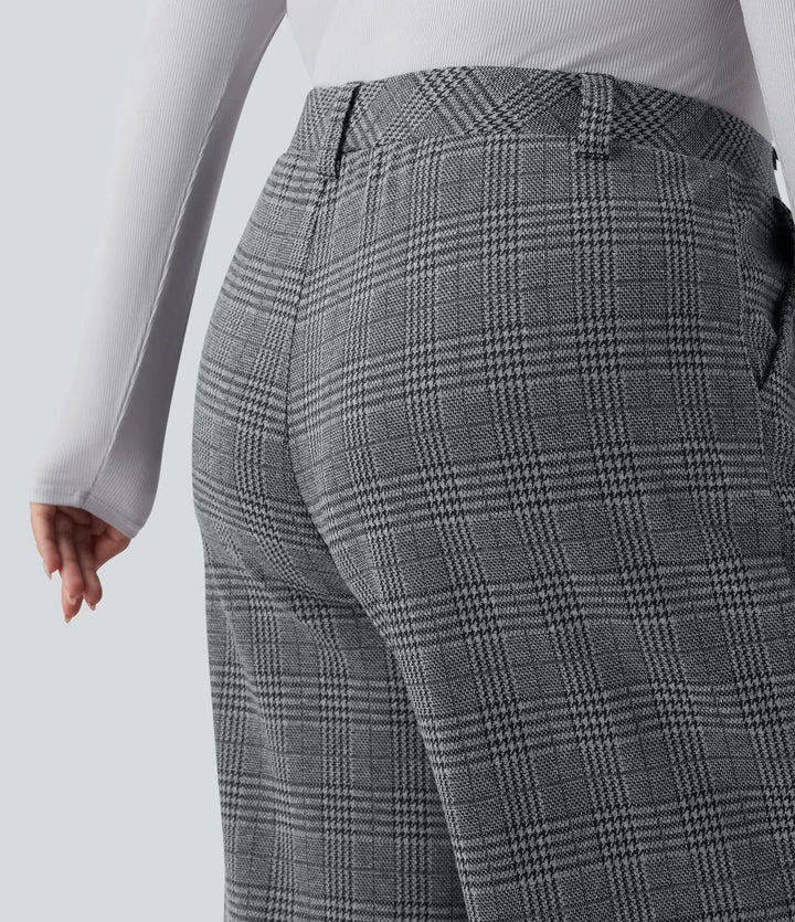 Plus Size High Waisted Wide Leg Houndstooth Plaid Casual Pants with Pockets