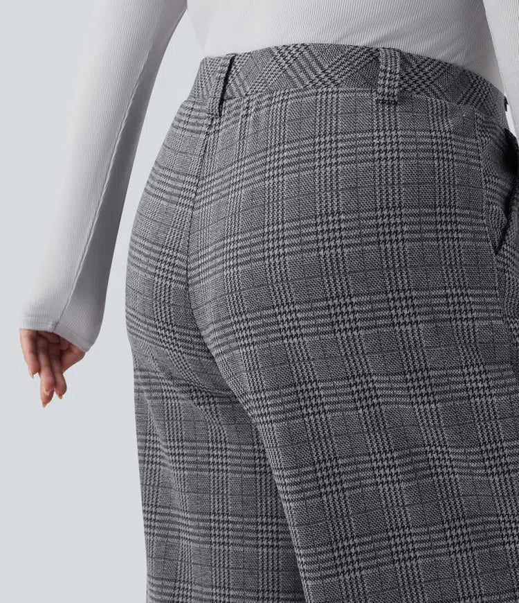 Plus Size High Waisted Wide Leg Houndstooth Plaid Casual Pants with Pockets