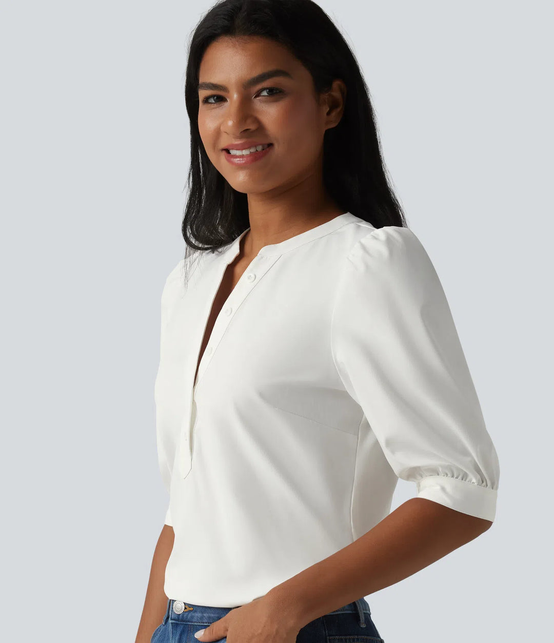 Henley Neck Puff Half Sleeve Casual Blouse