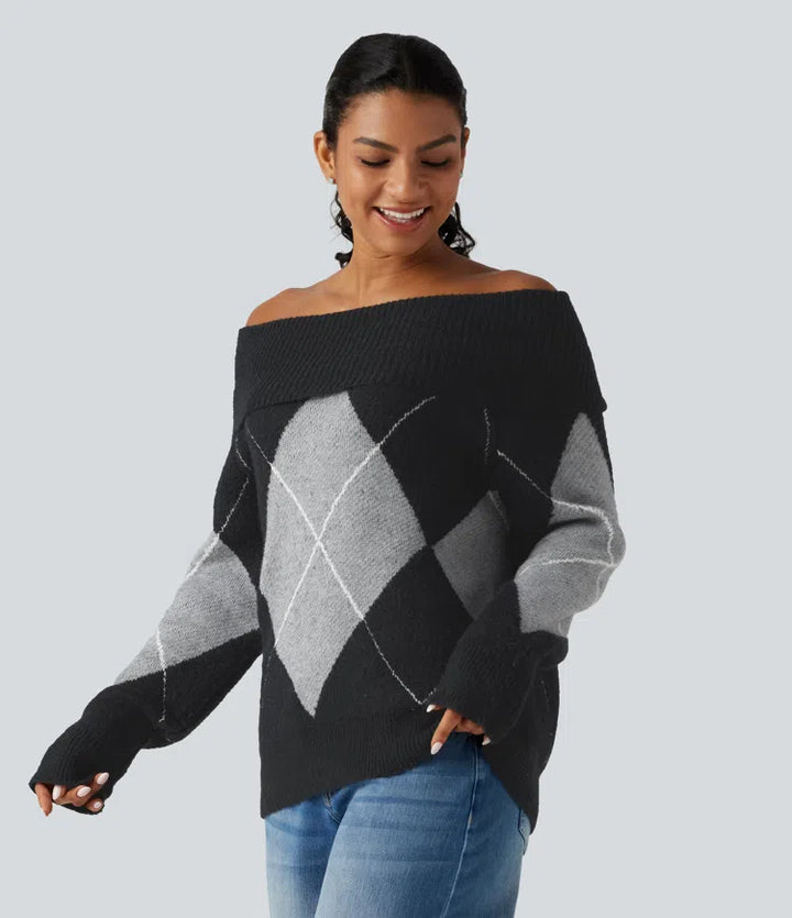 Off Shoulder Long Sleeve Gingham Casual Sweater