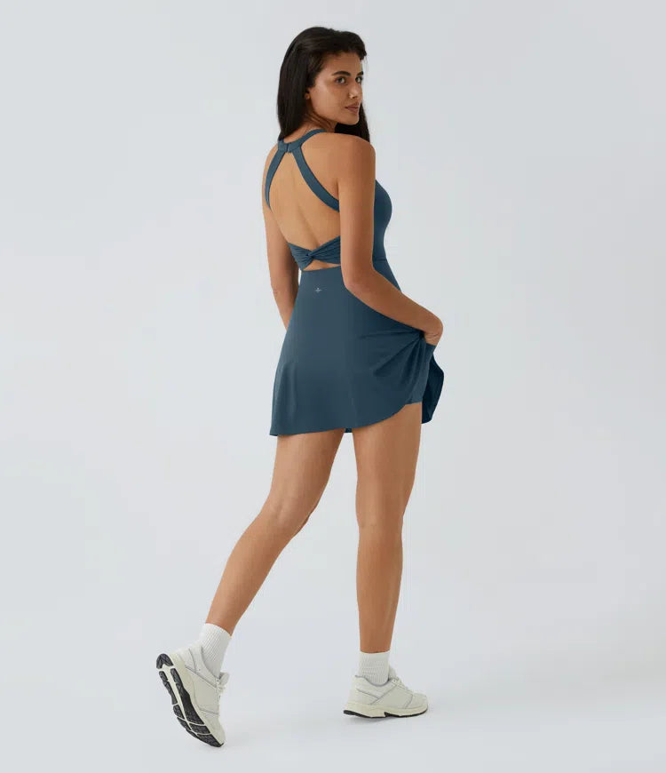 SoftlyZero Airy Backless Twisted Flare Low Support Dance Active Dress-Longer Length-Easy Peezy Edition A-D Cups