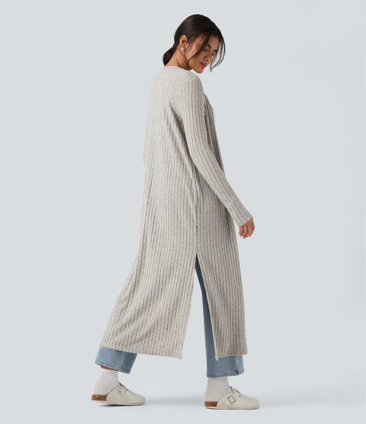 Ribbed Knit Long Sleeve Split Casual Longline Cardigan