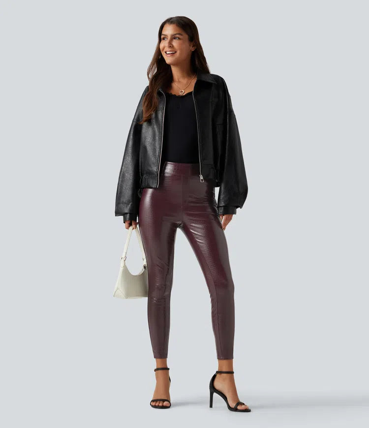 High Waisted Snakeskin Print Stretchy PU Fleece Casual Leggings with Pockets