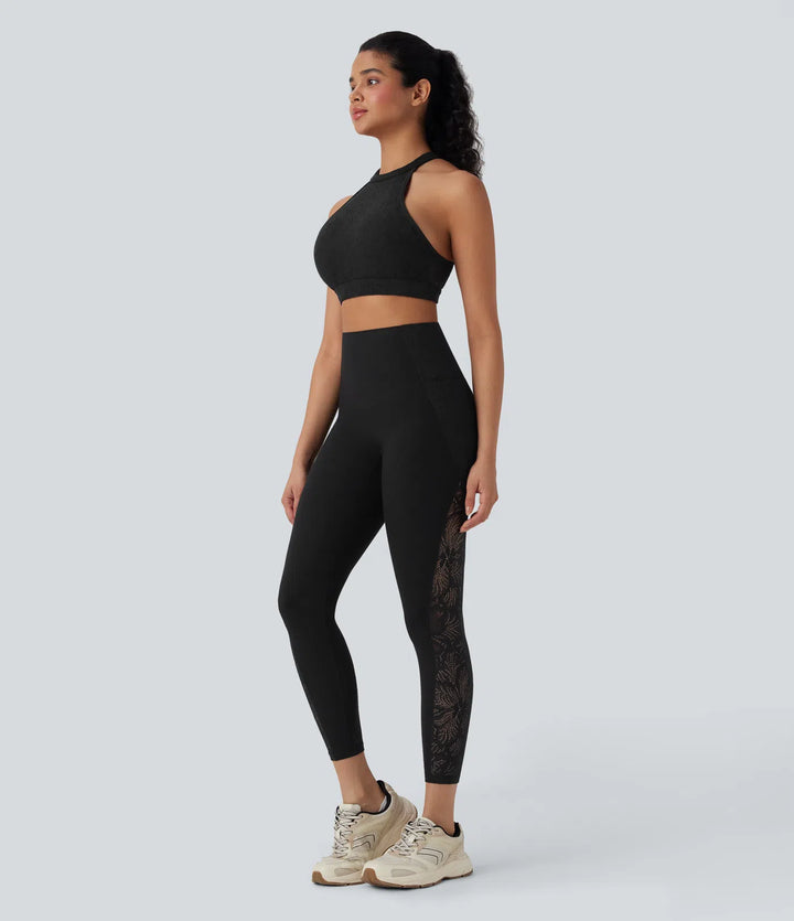 Halara UltraSculpt High Waisted Tummy Control Contrast Lace Shaping Training Leggings with Pockets