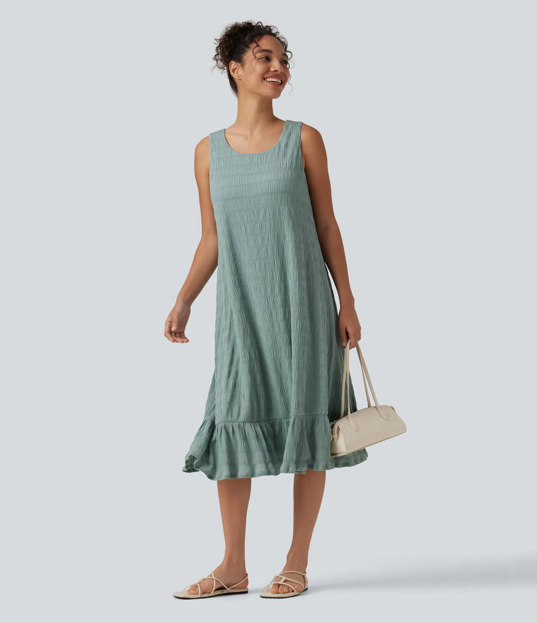 Round Neck Built-in Bra Sleeveless Ruffle Hem Midi Casual Dress