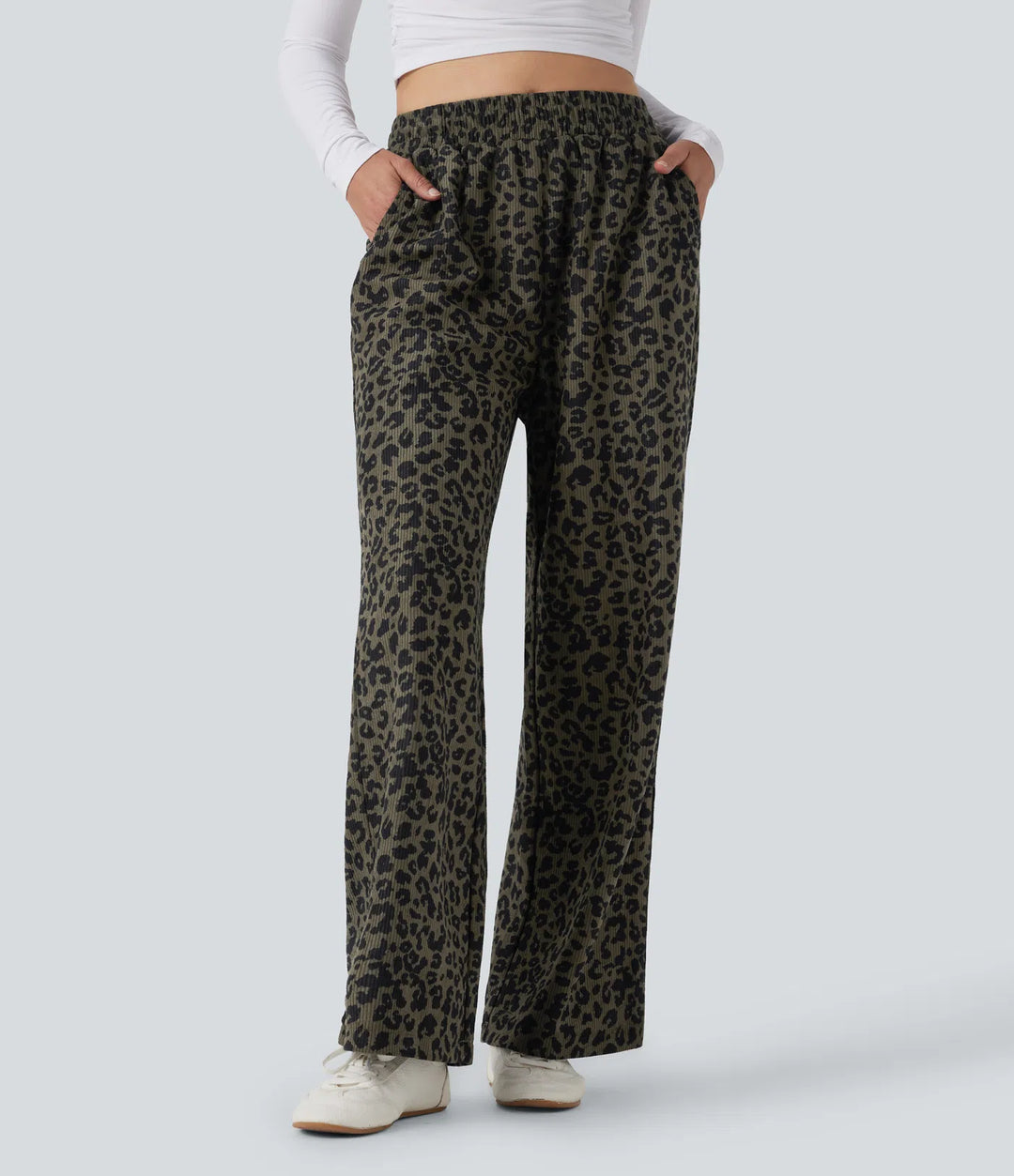 High Waisted Leopard Print Corduroy Casual Baggy Pants with Pockets