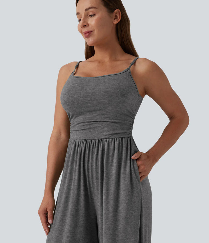 Adjustable Straps Ruched Wide Leg Heathered Casual Jumpsuit with Pockets-Easy Peezy