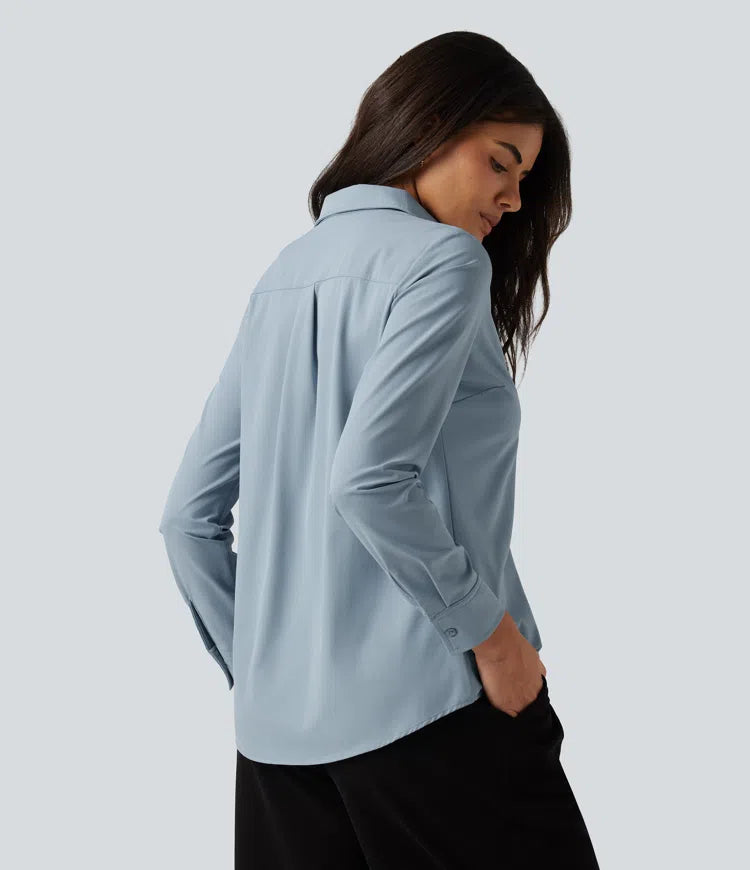 Collared Long Sleeve Curved Hem Work Shirt