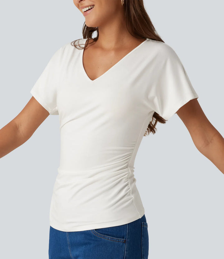 V-Neck Short Sleeve Ruched Slim Casual T-Shirt