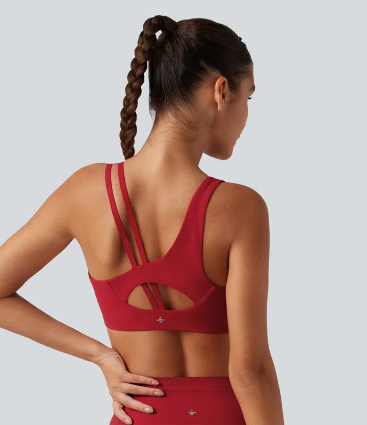Halara UltraSculpt Ribbed Low Support Asymmetric Cut Out Built-in Bra Running Sports Bra