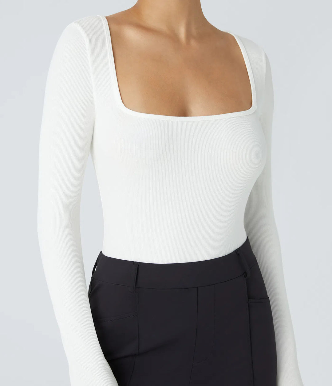 Ribbed Knit Square Neck Long Sleeve Skinny Casual Bodysuit