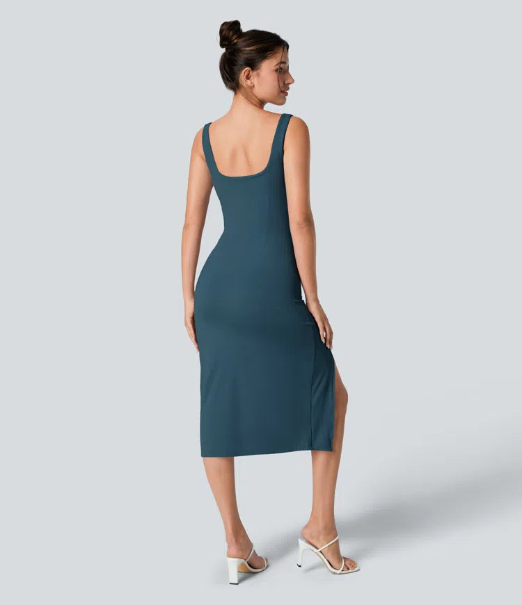 SoftlyZero Airy Square Neck Backless Corset Ruched Split Bodycon Midi InstantCool Bridesmaid and Wedding Guest Dress