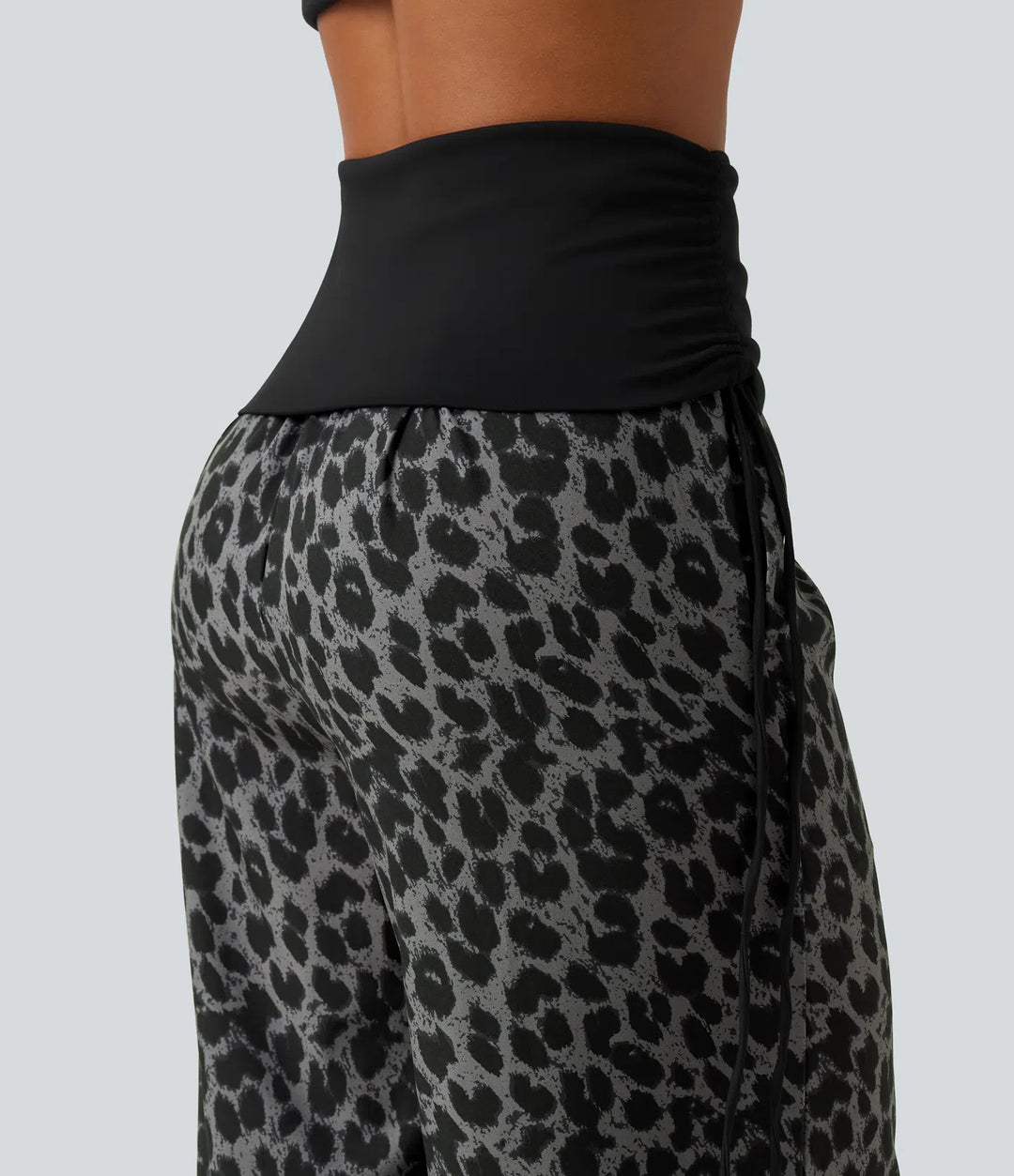 Foldover High Waisted Ruched Drawstring Baggy Leopard Print Casual Pants with Pockets