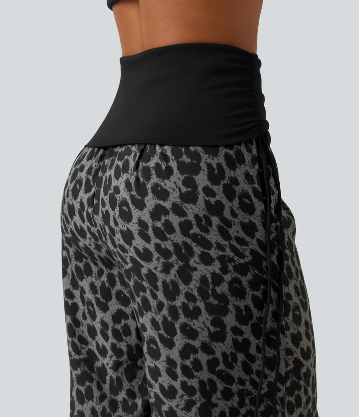 Foldover High Waisted Ruched Drawstring Baggy Leopard Print Casual Pants with Pockets