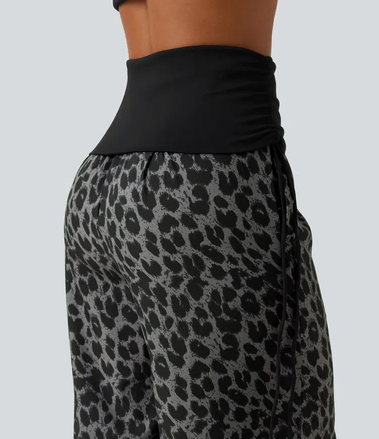 Foldover High Waisted Ruched Drawstring Baggy Leopard Print Casual Pants with Pockets