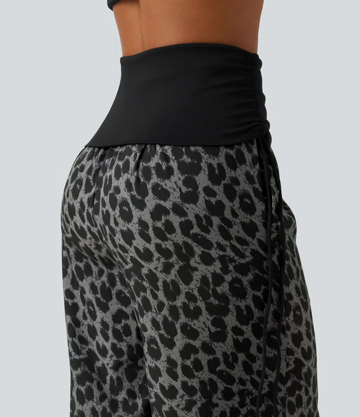 Foldover High Waisted Ruched Drawstring Baggy Leopard Print Casual Pants with Pockets