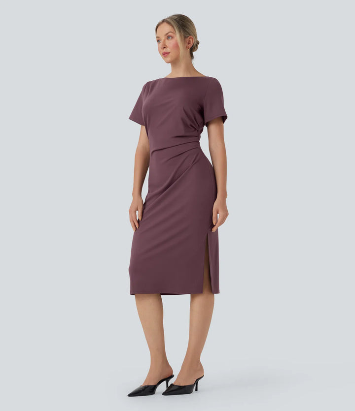Short Sleeve Ruched Bodycon Midi Work Dress