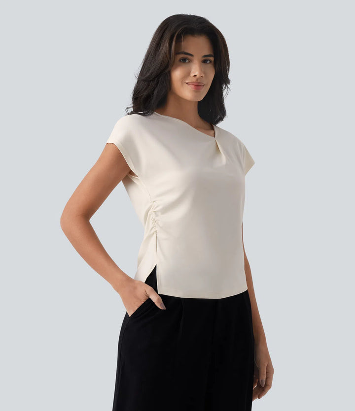 Asymmetric Cowl Neck Short Sleeve Ruched Split Hem Work Blouse