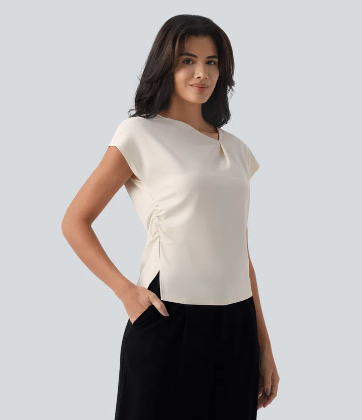 Asymmetric Cowl Neck Short Sleeve Ruched Split Hem Work Blouse