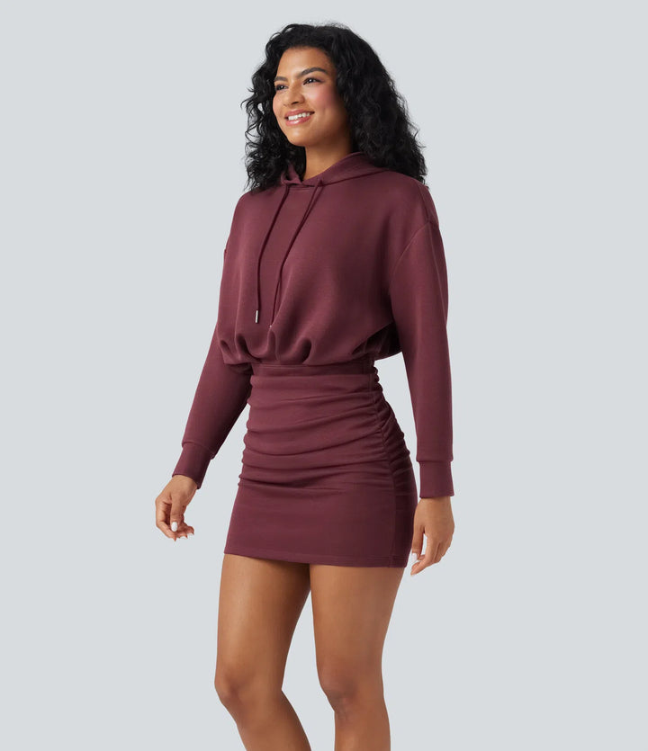 SpacerTek Long Sleeve Ruched Bodycon Mini Casual Hoodie Dress