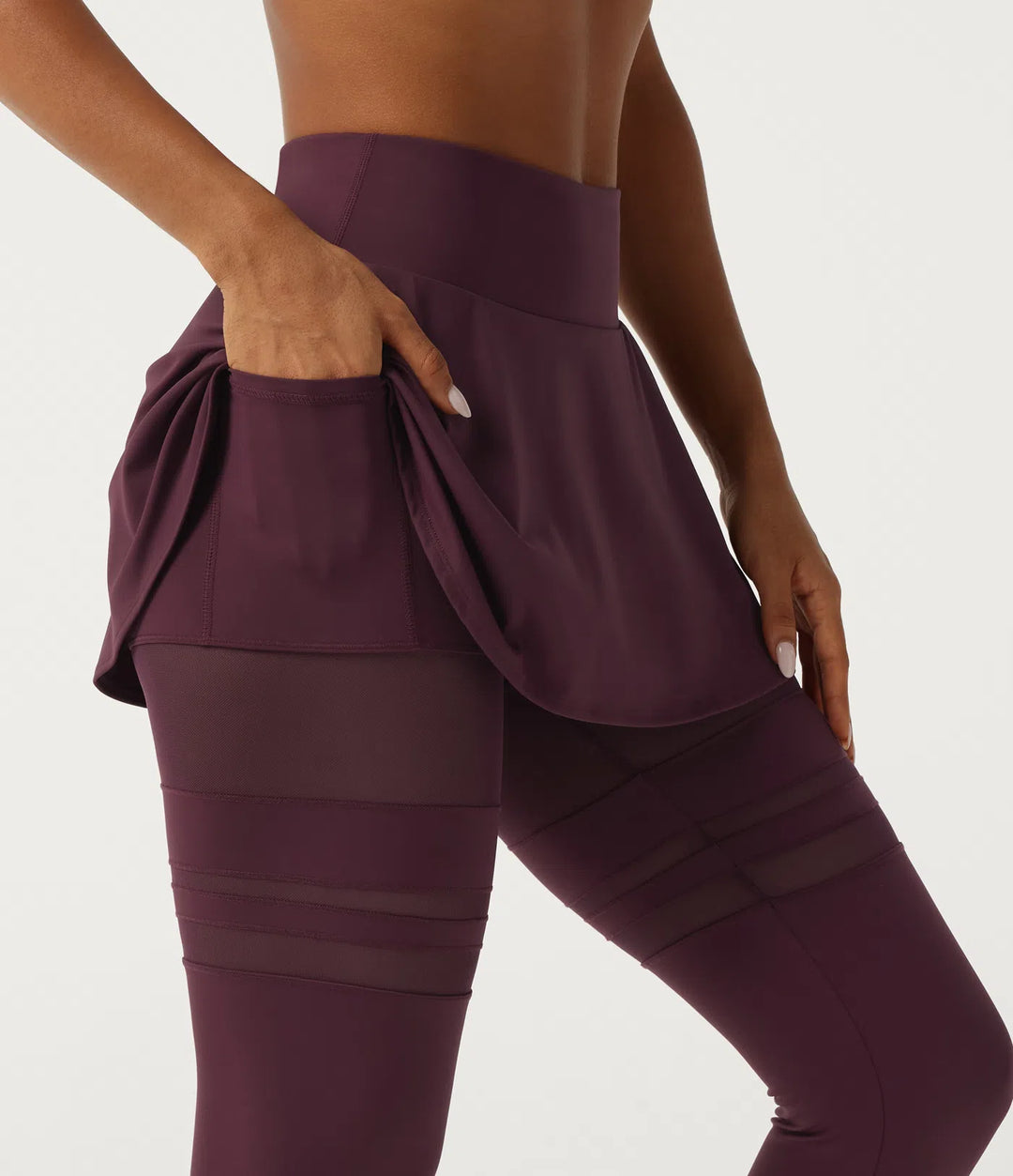 SoftlyZero Airy Mid Rise Pleated Contrast Mesh Dance Skirted Leggings with Pockets