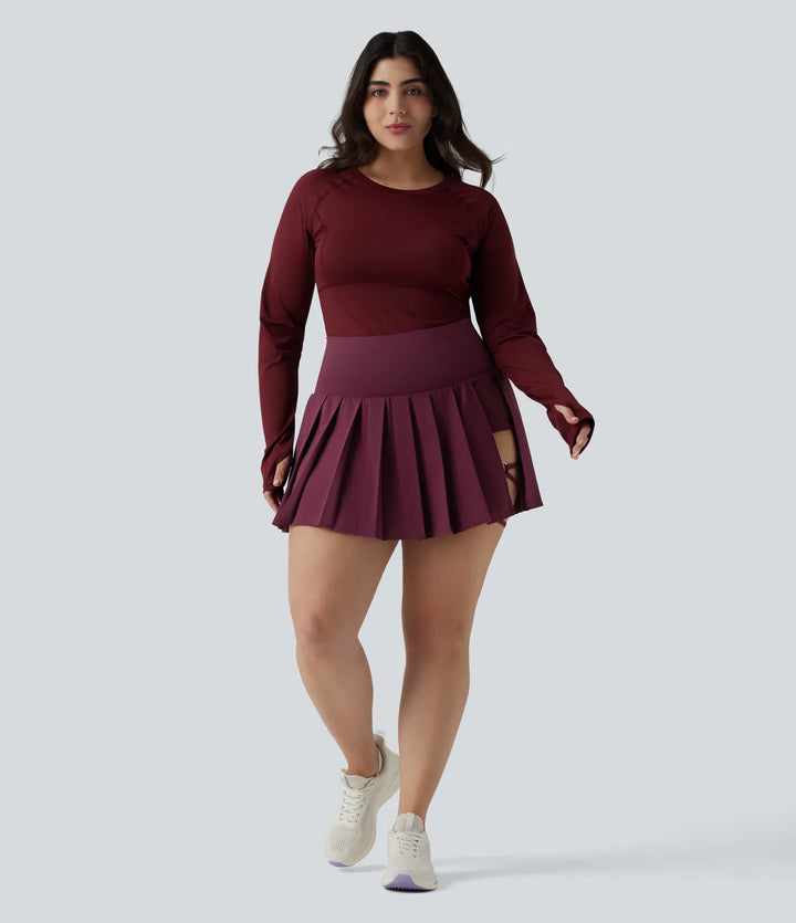 Plus Size Breezeful High Waisted Pleated 2-in-1 Asymmetric Hem Quick Dry Mini Yoga Skirt with Pockets