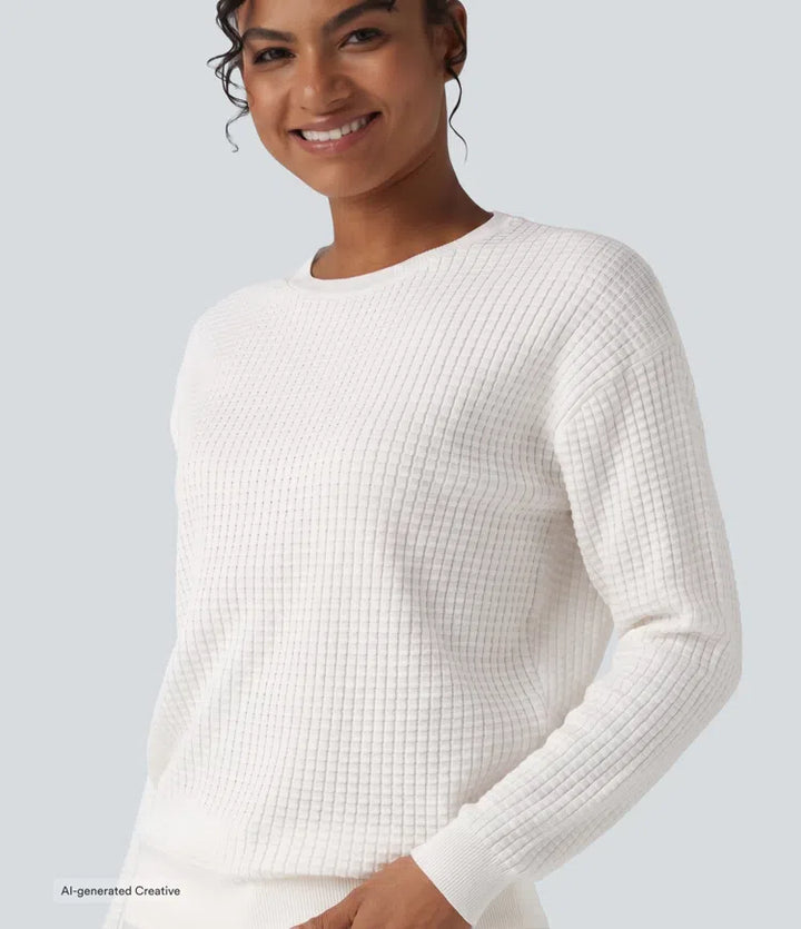 Round Neck Long Sleeve Waffle Casual Sweater