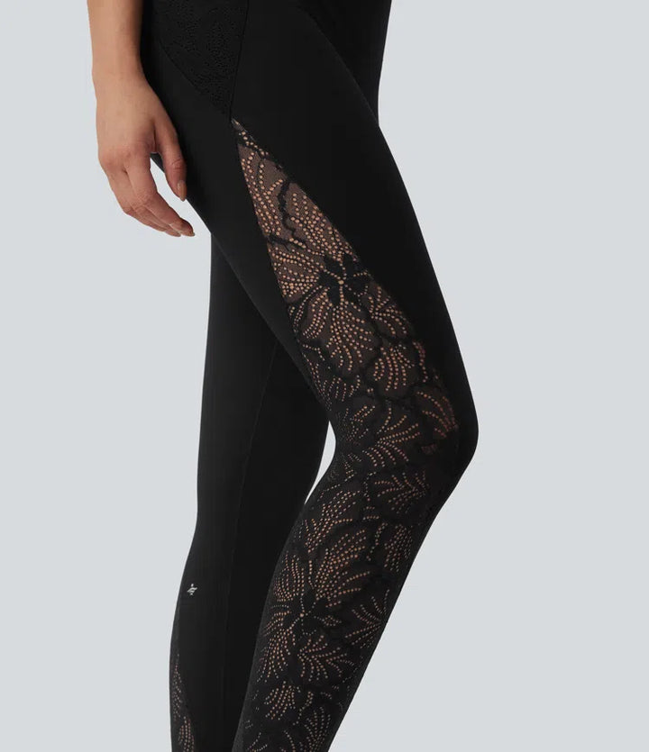Halara UltraSculpt High Waisted Tummy Control Contrast Lace Shaping Training Leggings with Pockets