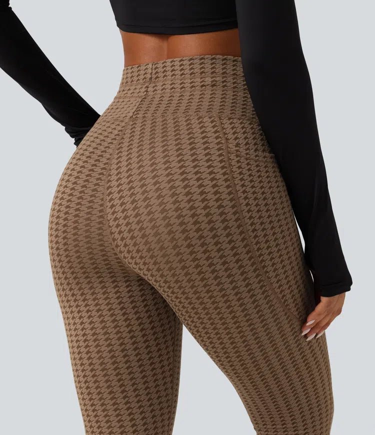 High Waisted Drawstring Houndstooth Yoga Leggings with Pockets