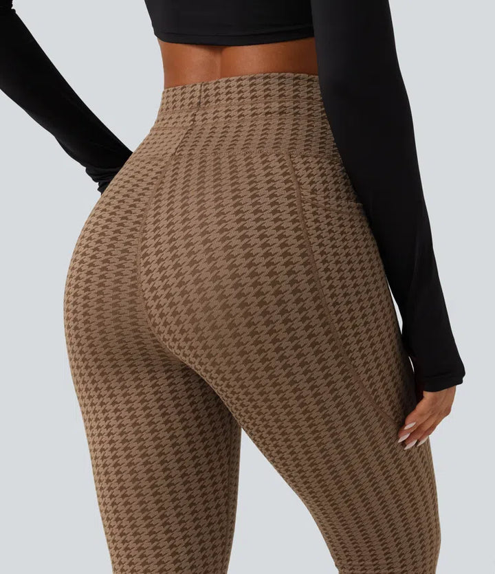 High Waisted Drawstring Houndstooth Yoga Leggings with Pockets
