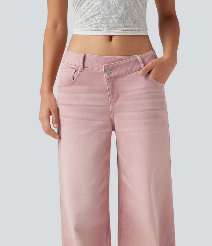 Low Rise Asymmetric Wide Leg Colorful Casual Jeans with Pockets