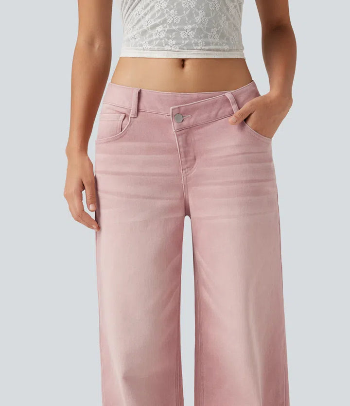 Low Rise Asymmetric Wide Leg Colorful Casual Jeans with Pockets