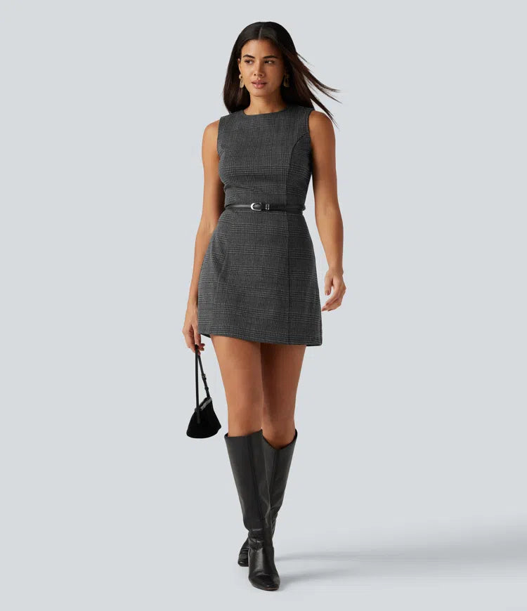 Round Neck Sleeveless Houndstooth Plaid Mini Work Dress