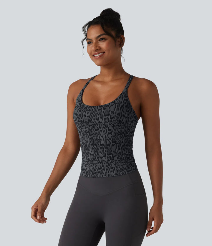 Halara UltraSculpt Leopard Print Scoop Neck Built-in Bra Crossover Hem Yoga Tank Top