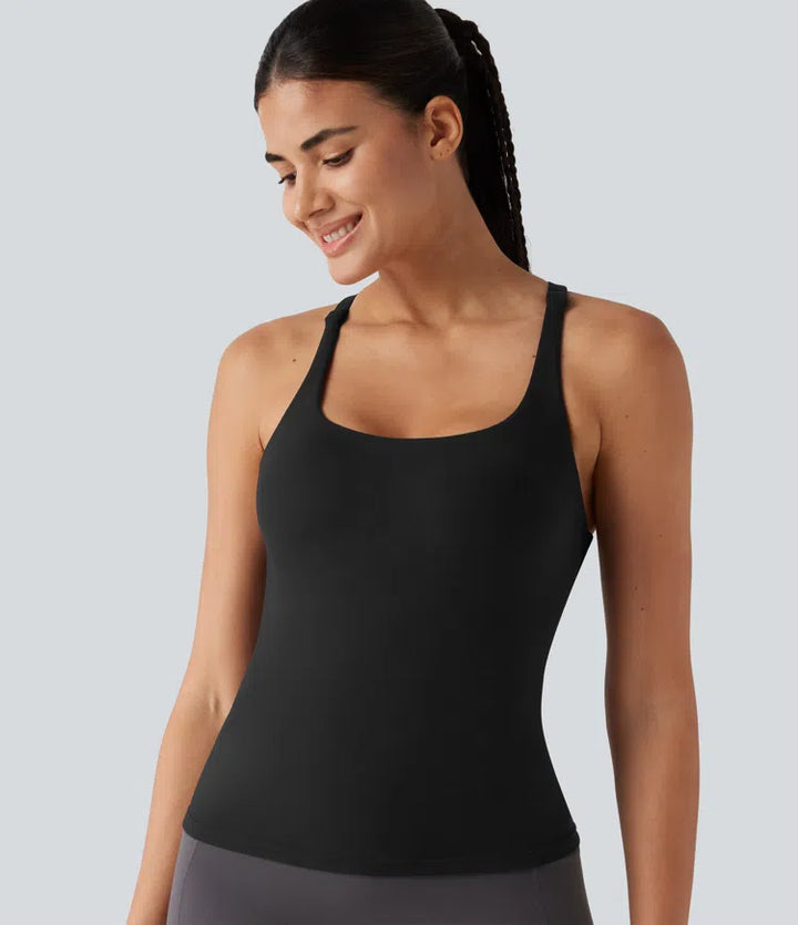 Crisscross Backless Built-in Bra Running Tank Top-Longer Length A-D Cups