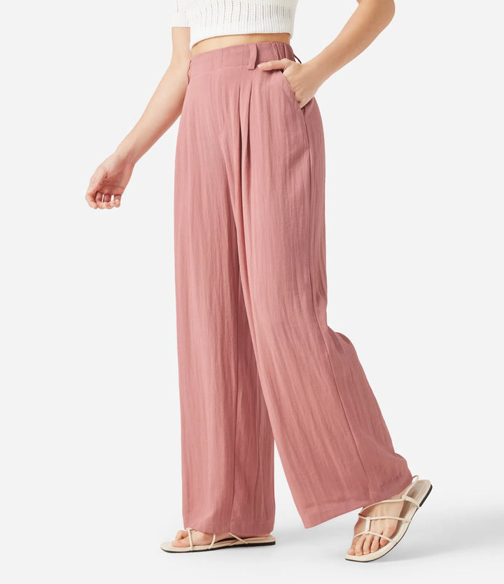 High Waisted Pocket Wide Leg Flowy Solid Palazzo Casual Linen-Feel Pants