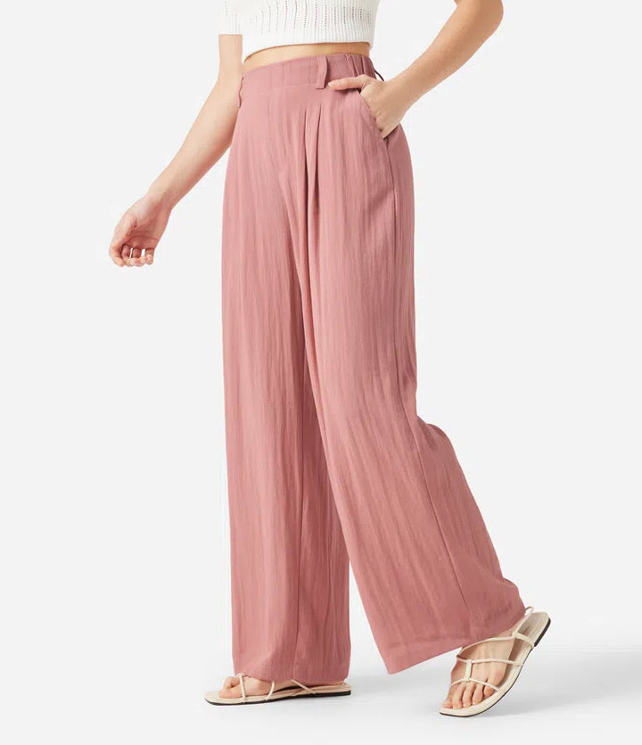 High Waisted Pocket Wide Leg Flowy Solid Palazzo Casual Linen-Feel Pants