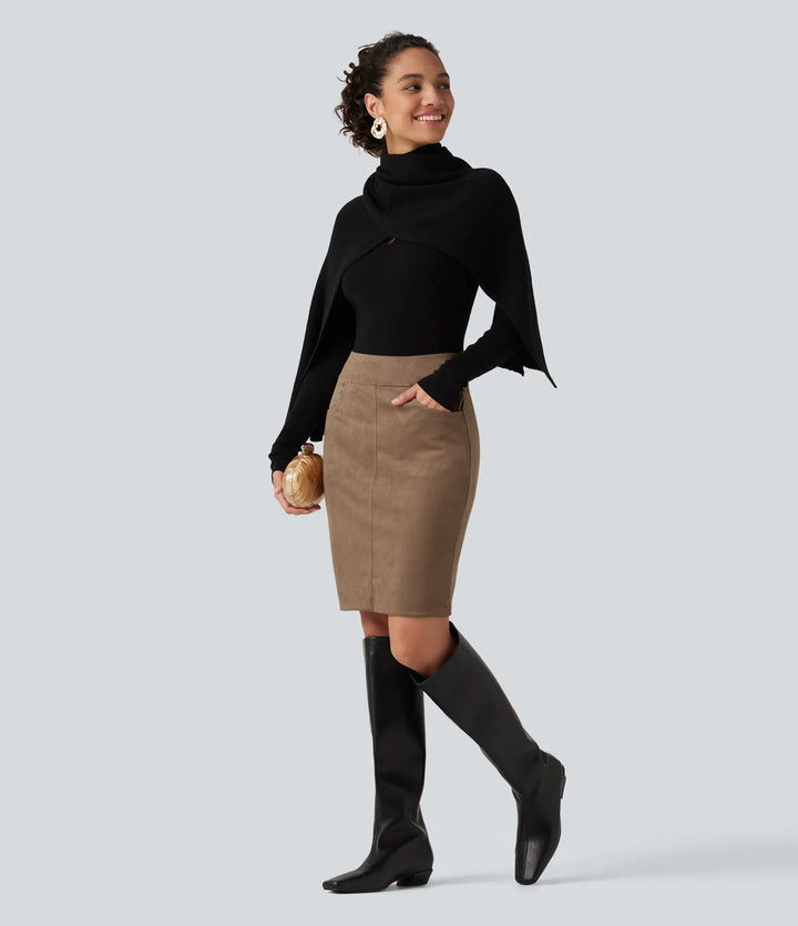 High Waisted Bodycon Suede Mini Party Skirt with Pockets
