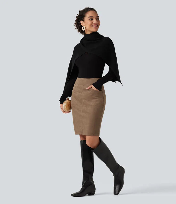 High Waisted Bodycon Suede Mini Party Skirt with Pockets