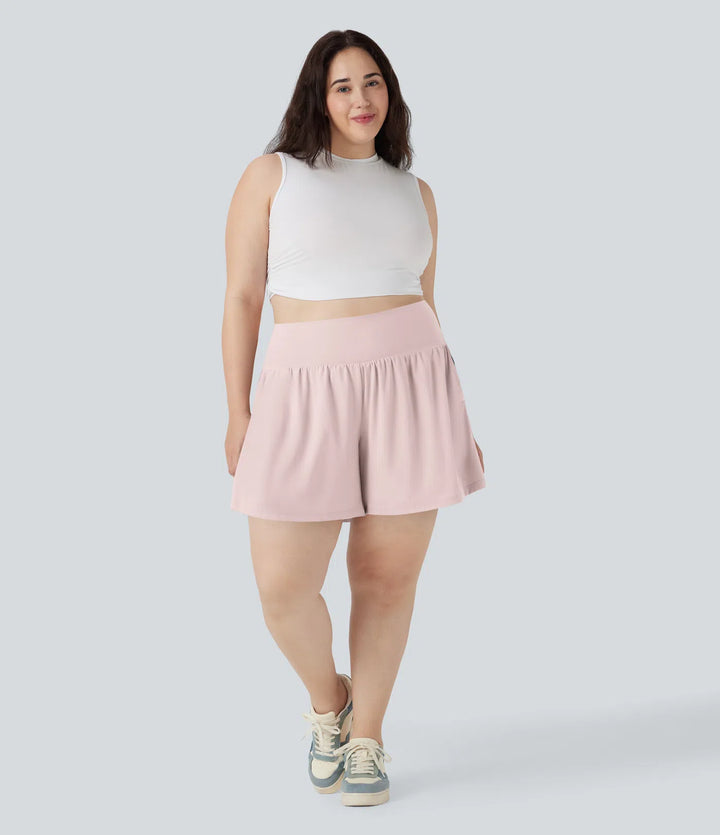 SoftlyZero Airy Super High Waisted 2-in-1 InstantCool Yoga Plus Size Shorts 7" with Pockets