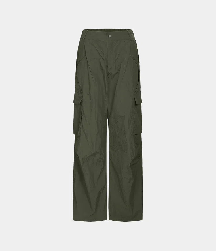 Mid Rise Button Zipper Side Pocket Wide Leg Baggy Casual Cargo Pants