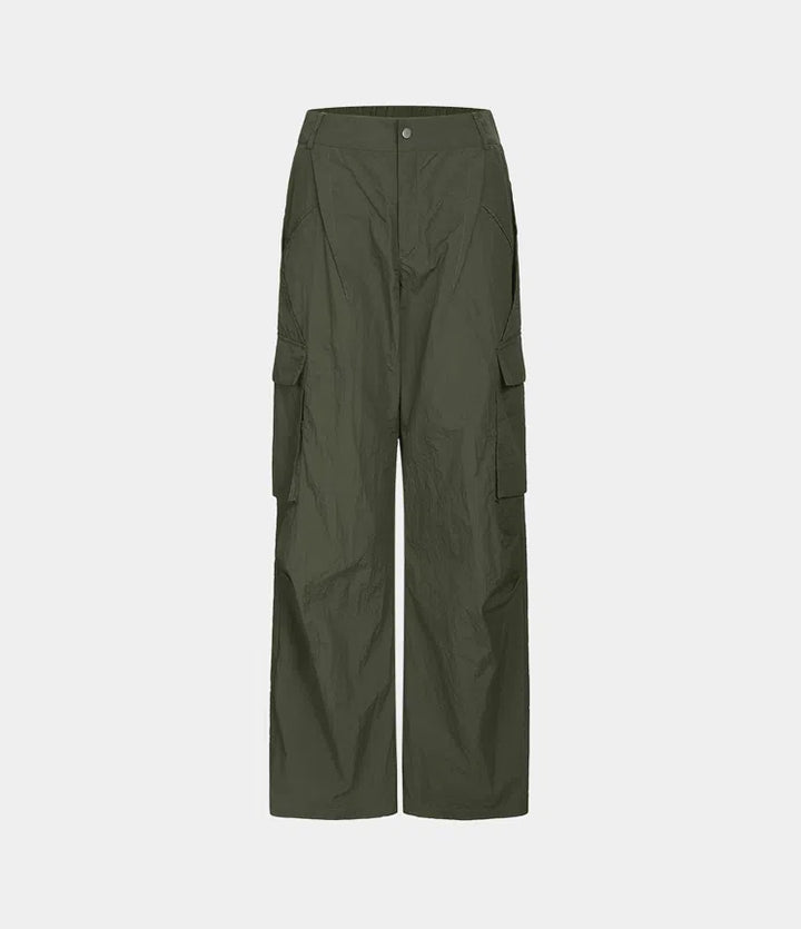 Mid Rise Button Zipper Side Pocket Wide Leg Baggy Casual Cargo Pants